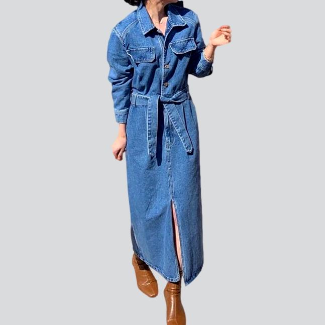 Pleated waistline long denim dress