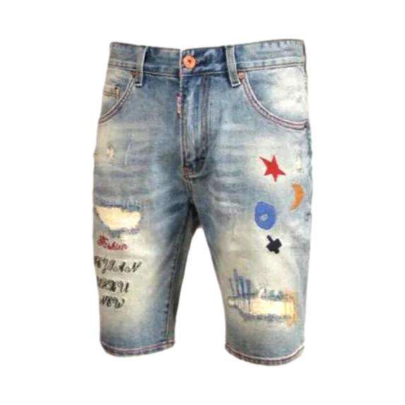 Embroidery ripped men denim shorts