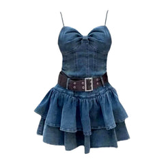 Sleeveless belt women denim dress