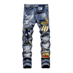 Parches bordados en jeans rotos para hombre