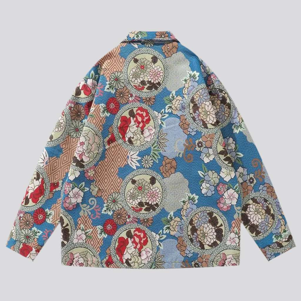 Flowery ornament print denim jacket