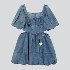 Short sleeve zipper jean dress for ladies