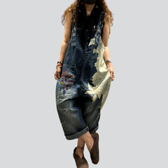 Side flower print denim dungaree