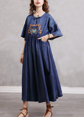 Simple Blue Embroideried Cinched Cotton Denim Dresses Flare Sleeve