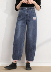 Simple Blue Grey High Waist Patch Zip Up Pockets Cotton Denim Pants