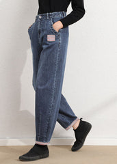 Simple Blue Grey High Waist Patch Zip Up Pockets Cotton Denim Pants