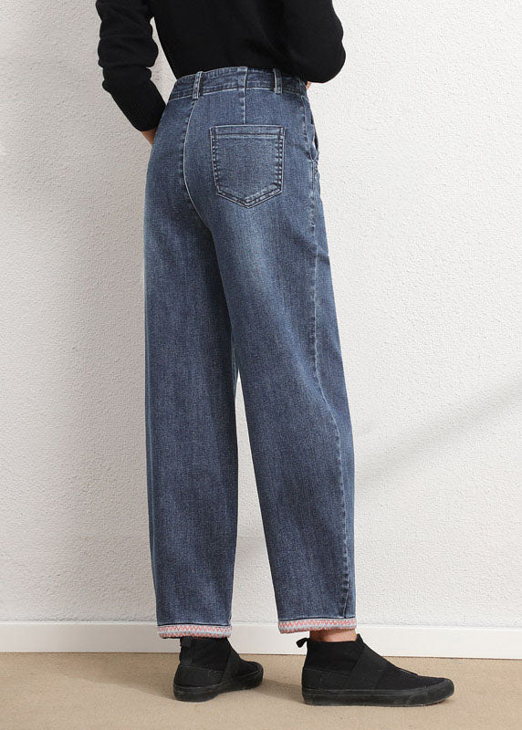 Simple Blue Grey High Waist Patch Zip Up Pockets Cotton Denim Pants