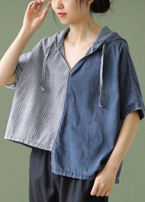 Simple Blue Hooded Asymmetrical Design Patchwork Denim T Shirt Top