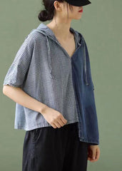 Simple Blue Hooded Asymmetrical Design Patchwork Denim T Shirt Top