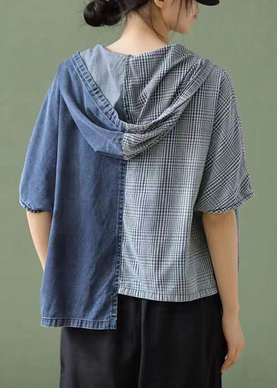 Simple Blue Hooded Asymmetrical Design Patchwork Denim T Shirt Top