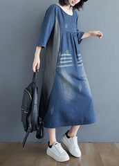 Simple Blue O-Neck Patchwork Wrinkled Denim Long Dress