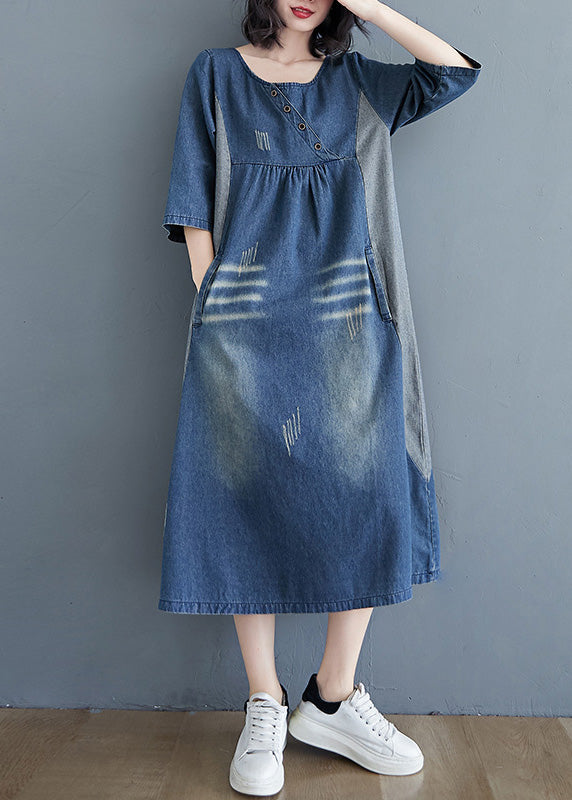 Simple Blue O-Neck Patchwork Wrinkled Denim Long Dress