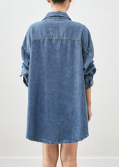 Simple Blue Oversized Pockets Denim Coat Outwear Fall