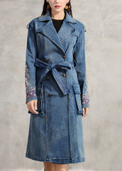 Simple Blue Peter Pan Collar Pockets Embroideried double breast Sashes Cotton Denim trench coats