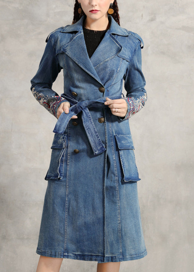 Simple Blue Peter Pan Collar Pockets Embroideried double breast Sashes Cotton Denim trench coats