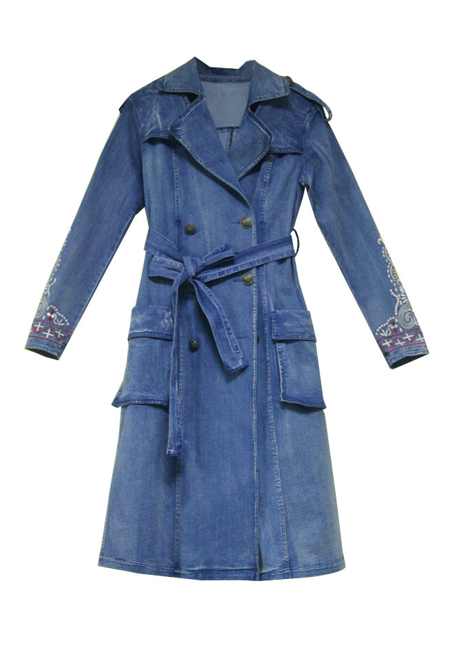 Simple Blue Peter Pan Collar Pockets Embroideried double breast Sashes Cotton Denim trench coats