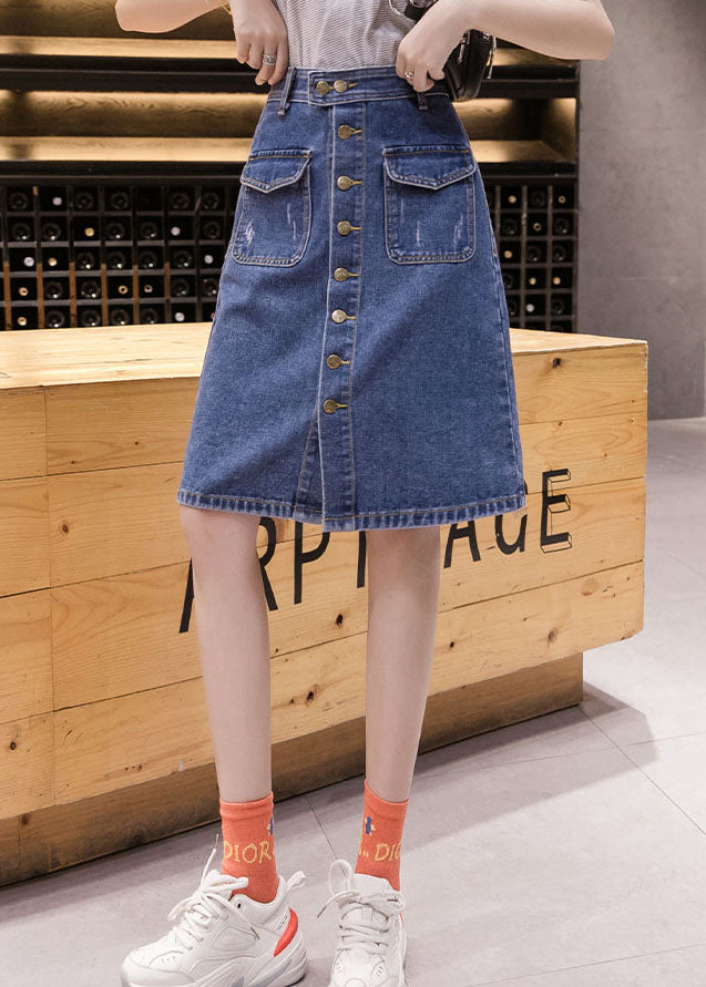 Simple Blue Pocket Button Cotton Denim Wraped Skirt