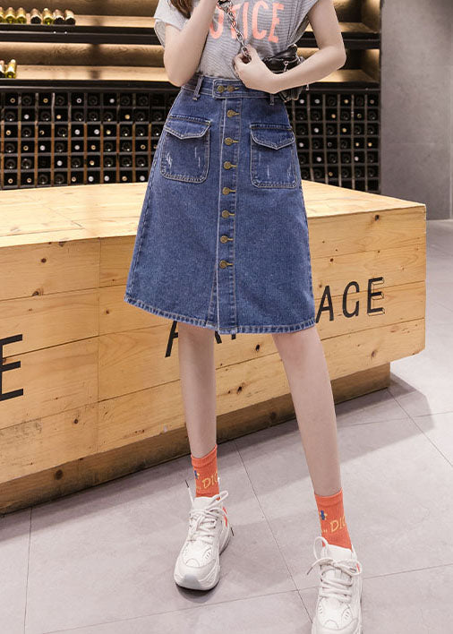 Simple Blue Pocket Button Cotton Denim Wraped Skirt