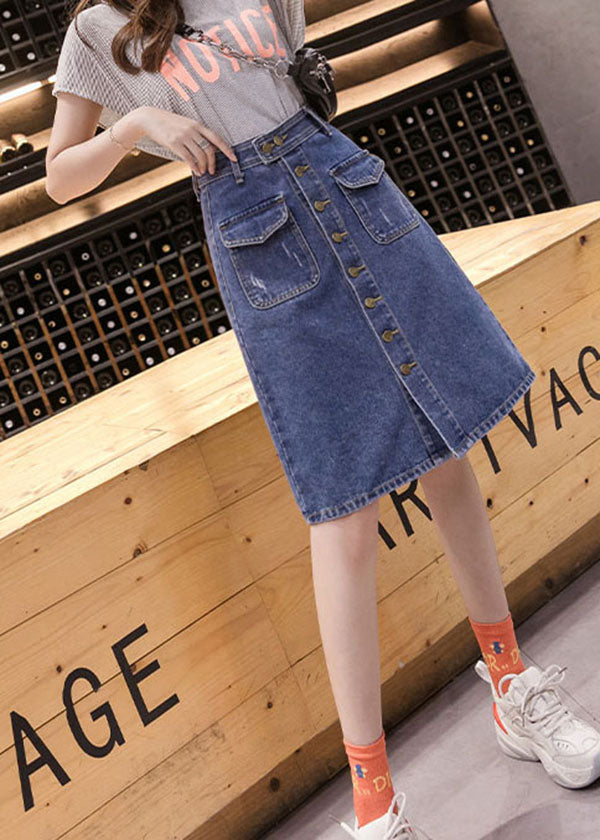 Simple Blue Pocket Button Cotton Denim Wraped Skirt