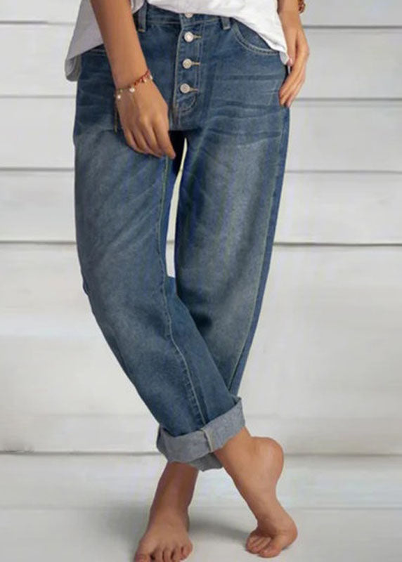 Simple Blue Pockets Button Patchwork High Waist Denim Pants