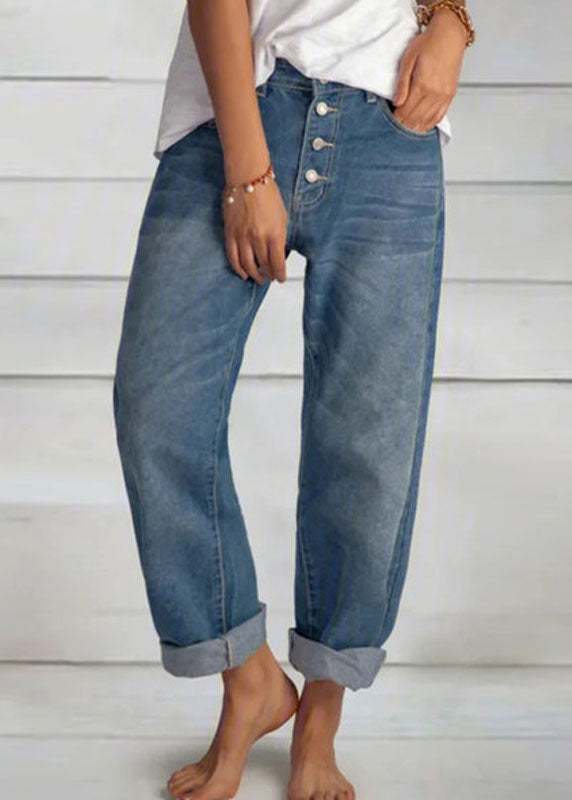 Simple Blue Pockets Button Patchwork High Waist Denim Pants