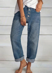 Simple Blue Pockets Button Patchwork High Waist Denim Pants