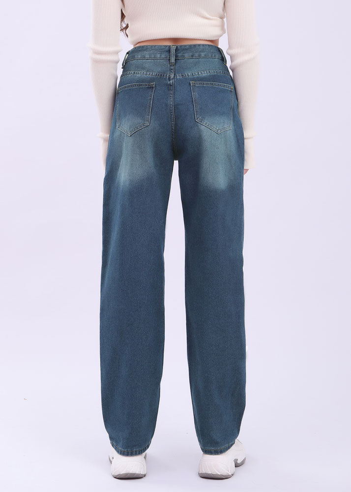 Simple Blue Pockets Button Patchwork High Waist Denim Pants