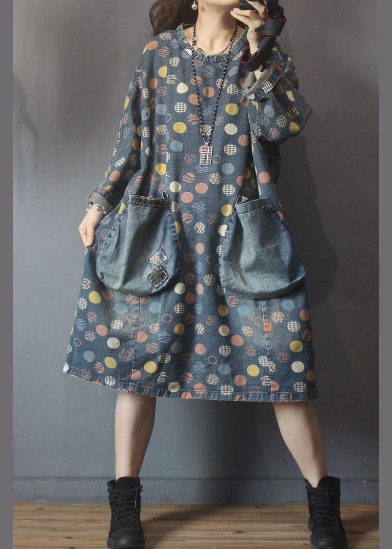 Simple Blue Print Pockets Denim Long Cotton Dress