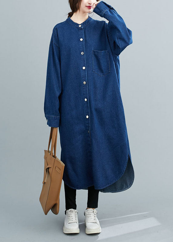 Simple Blue Stand Collar Patchwork Denim Shirts Dress