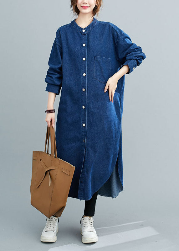 Simple Blue Stand Collar Patchwork Denim Shirts Dress