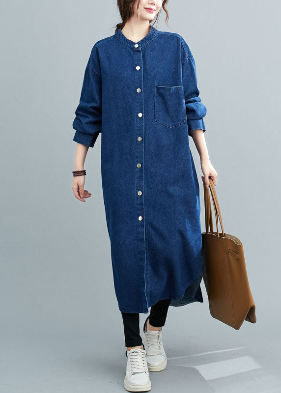 Simple Blue Stand Collar Patchwork Denim Shirts Dress