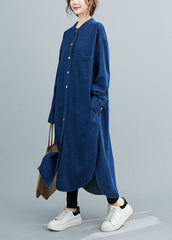 Simple Blue Stand Collar Patchwork Denim Shirts Dress