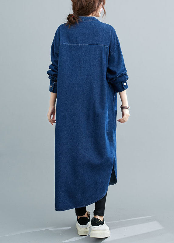 Simple Blue Stand Collar Patchwork Denim Shirts Dress