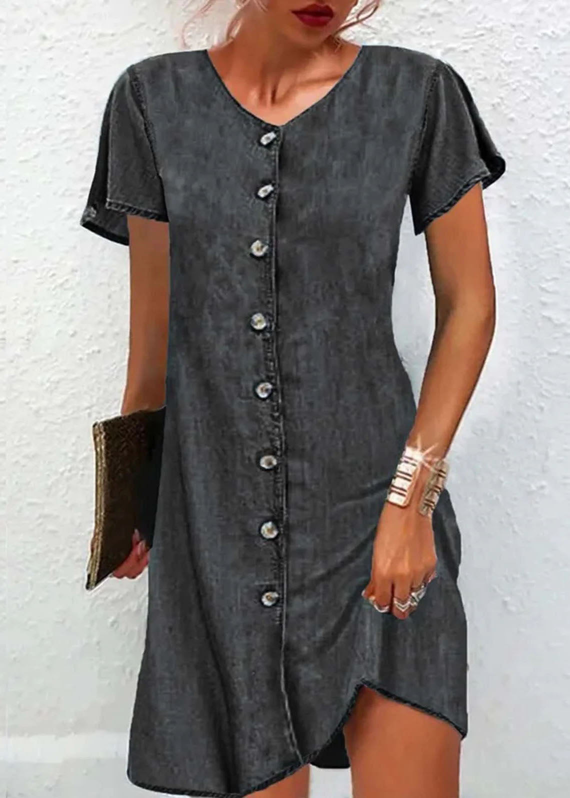 Simple Blue V Neck Button Patchwork Denim Mid Dress Short Sleeve