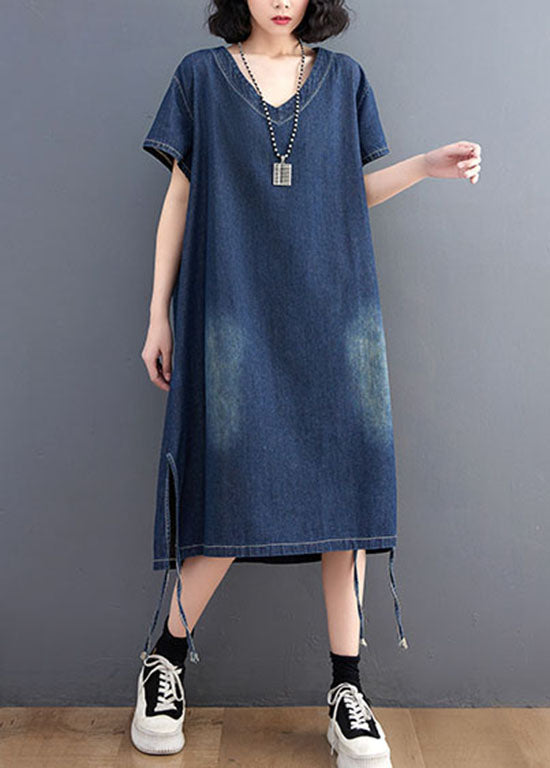 Simple Blue V Neck Patchwork Side Open Denim Dress