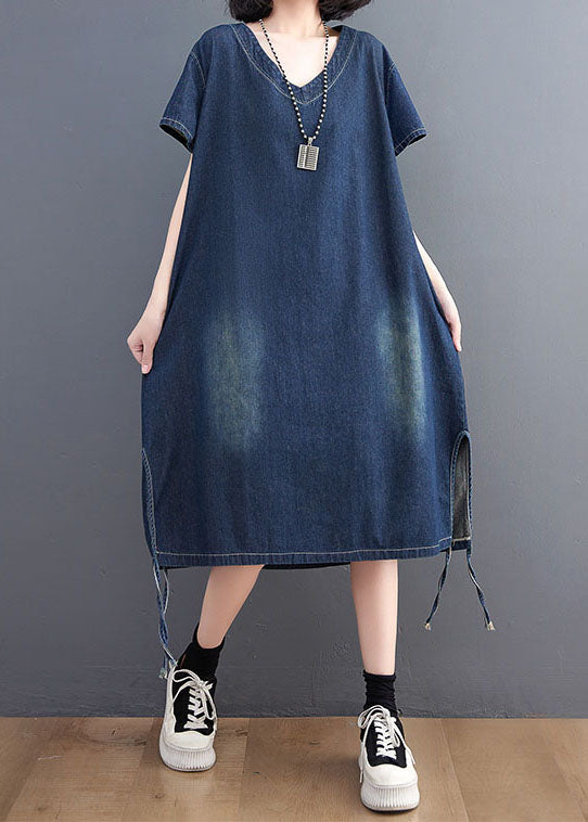 Simple Blue V Neck Patchwork Side Open Denim Dress