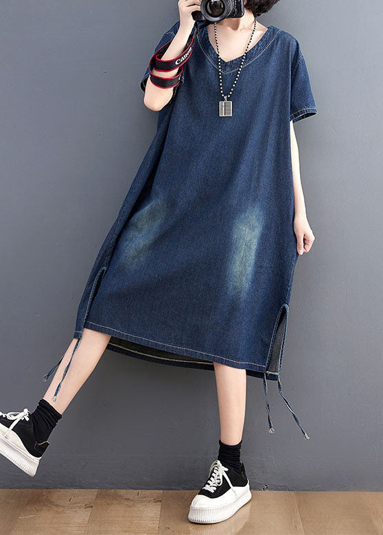 Simple Blue V Neck Patchwork Side Open Denim Dress