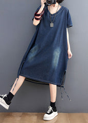 Simple Blue V Neck Patchwork Side Open Denim Dress