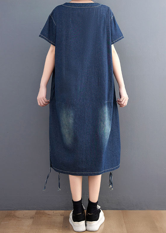 Simple Blue V Neck Patchwork Side Open Denim Dress