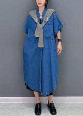 Simple Dark Blue Pockets Button Patchwork Denim Long Coats