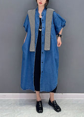 Simple Dark Blue Pockets Button Patchwork Denim Long Coats