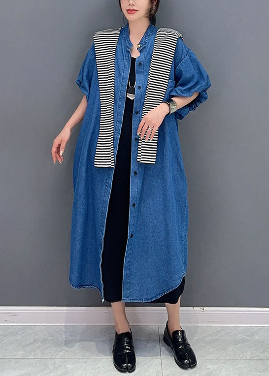 Simple Dark Blue Pockets Button Patchwork Denim Long Coats