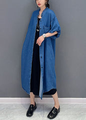 Simple Dark Blue Pockets Button Patchwork Denim Long Coats