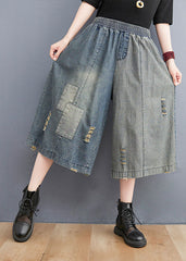 Simple Denim Blue Elastic Waist Hole Applique Cotton Straight Pants Trousers