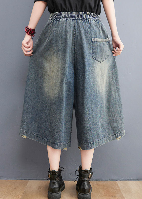 Simple Denim Blue Elastic Waist Hole Applique Cotton Straight Pants Trousers