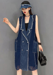 Simple Denim Blue Peter Pan Collar Tassel Patchwork Chiffon Mid Dresses Sleeveless