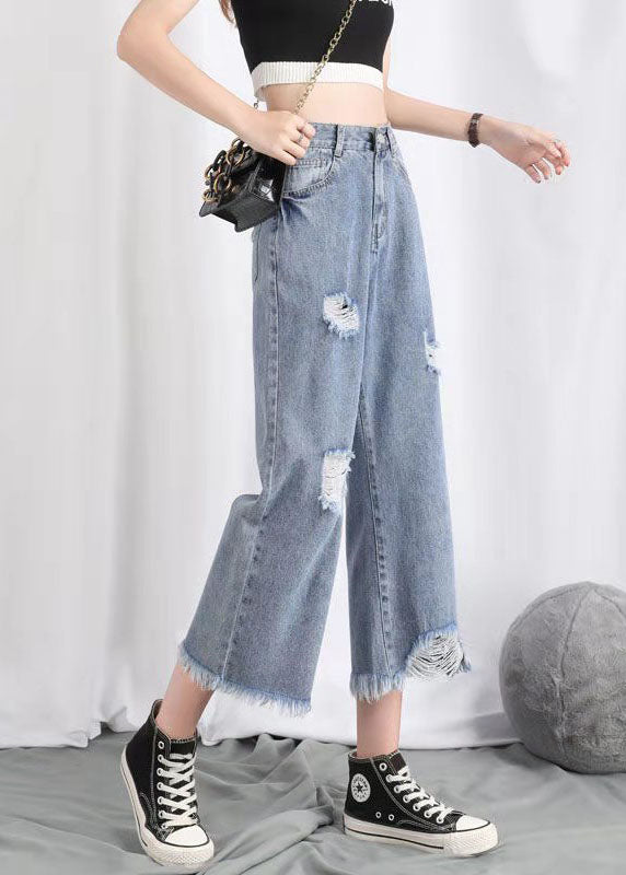 Simple Light Blue High Waist Hole Pockets Cotton Denim Straight Pants