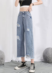 Simple Light Blue High Waist Hole Pockets Cotton Denim Straight Pants