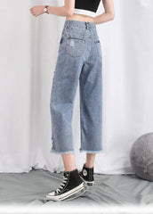 Simple Light Blue High Waist Hole Pockets Cotton Denim Straight Pants