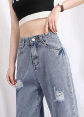 Simple Light Blue High Waist Hole Pockets Cotton Denim Straight Pants